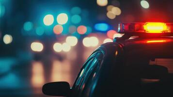Police car with flashing lights on the roof at night photo