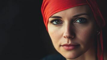 A woman with a red headband on her head photo