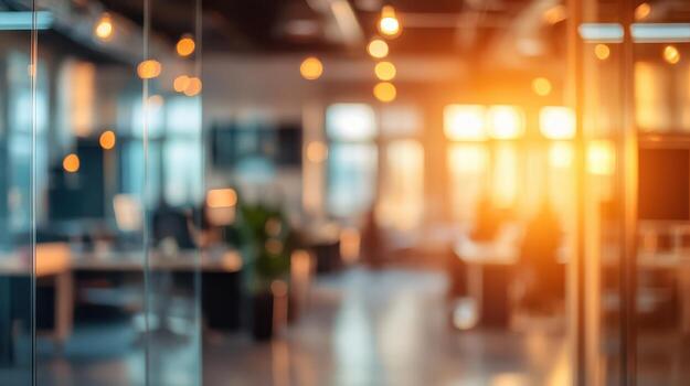 An office with lots of lights and a blurred background photo