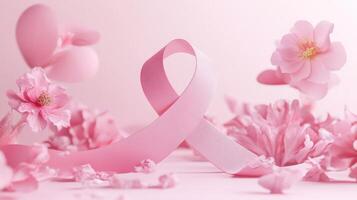 Pink ribbon surrounded by flowers and leaves photo