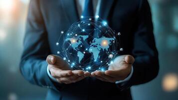 Businessman holding world map with network connections in his hands photo