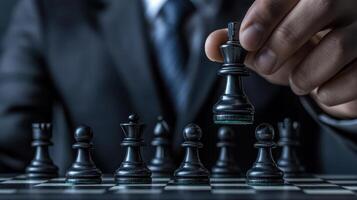 A man in a suit is playing chess with a black king photo
