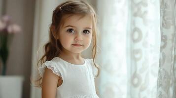 A little girl in a white dress standing near a window photo