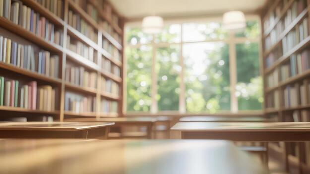 An empty library with wooden tables and chairs photo
