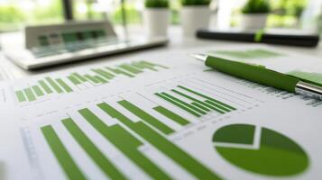 Green business charts and graphs on desk photo