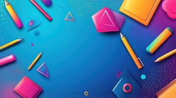 Colorful pencils and other items on a blue background photo