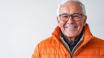 An older man with glasses and an orange jacket photo