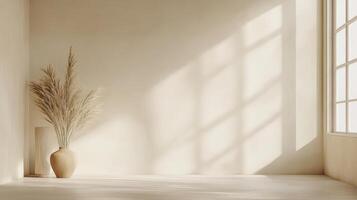 An empty room with a vase of grass and a window photo