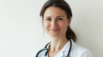 A woman in a white coat and stethoscope photo