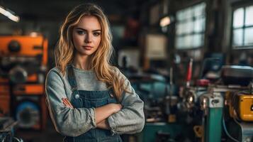 A beautiful young woman standing in front of a machine shop photo
