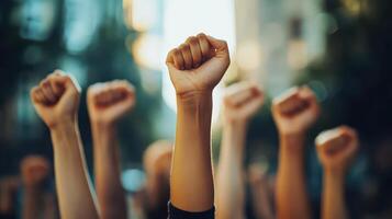 Hands raised in protest against police brutality and racism photo