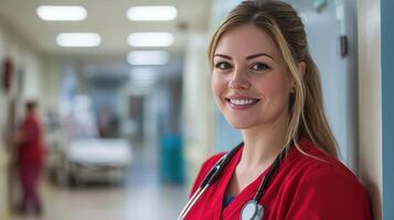 A woman in a red uniform is smiling photo