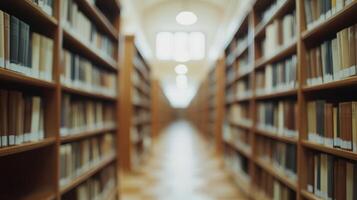 A long row of books on shelves in a library photo