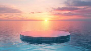 A floating platform in the ocean with a sunset photo