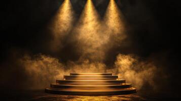 Golden stage with spotlight and smoke photo