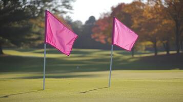 Two pink flags on a golf course photo