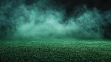 Green grass field with smoke and fog photo