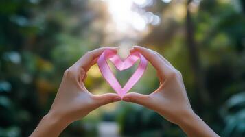 Hands holding pink ribbon in heart shape photo