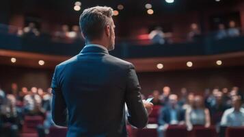 A man in a suit is standing in front of a crowd photo