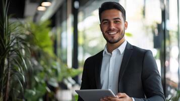 A man in a suit is holding a tablet computer photo