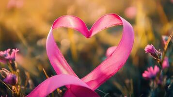 Pink ribbon in the shape of a heart in the grass photo