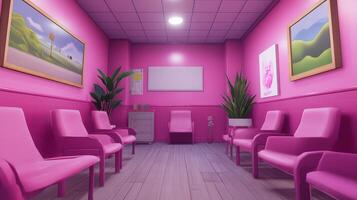 A pink waiting room with chairs and a plant photo