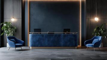 Modern reception desk with blue chairs and plants in a modern office photo