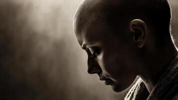 A woman with a shaved head is looking down photo