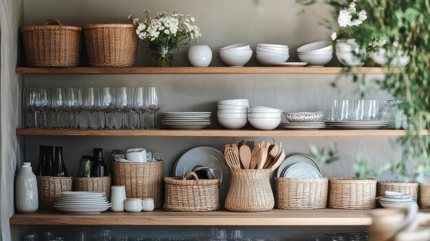 A shelf with baskets and dishes on it photo