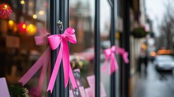 Pink ribbon on a window of a store photo