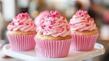 Three pink cupcakes on a white plate photo