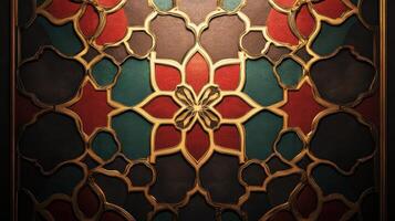 An ornate wall with gold and red designs photo