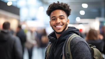 A young man with a backpack smiles at the camera photo