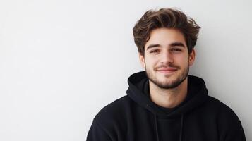Portrait of a young man with a black hoodie on white background photo