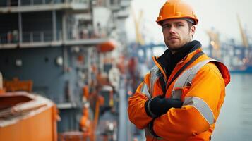 A man in an orange hard hat and safety vest photo