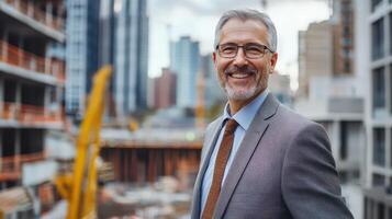 A man in a suit and tie standing in front of a construction site photo