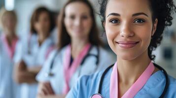 A woman in a hospital uniform is smiling photo