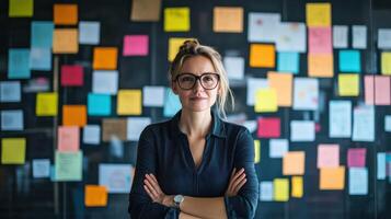 A woman in glasses standing in front of a wall of sticky notes photo