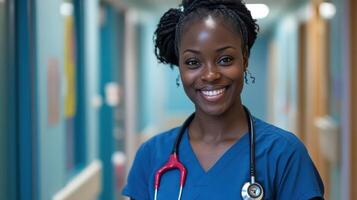 A smiling black woman in scrubs standing in a hallway photo