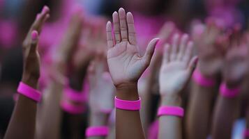 Many hands with pink wristbands in the air photo