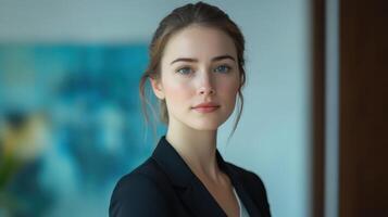 A woman in a business suit looking at the camera photo