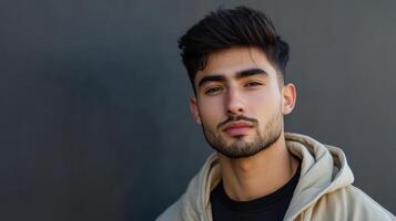 A young man with a beard and hoodie photo