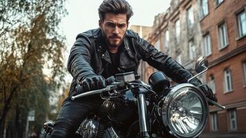 A man in leather jacket riding a motorcycle photo