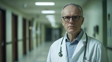 A man in a white coat and glasses standing in a hallway photo