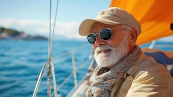 An older man in sunglasses and a hat on a sailboat photo