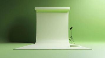 Green background with a white sheet and a tripod photo