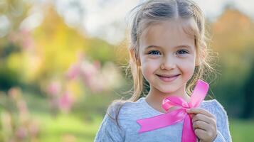 A little girl holding a pink ribbon photo