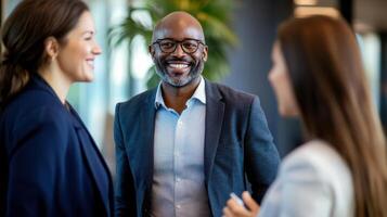 A man in a business suit talking to two women photo