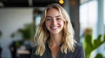 A smiling blonde woman in an office photo
