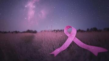 Pink ribbon in field with stars and milky way photo